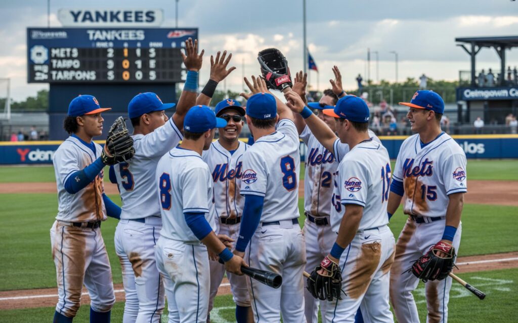 St. Lucie Mets players celebrate clinching a 5-1 series win against Tampa Tarpons in 2025