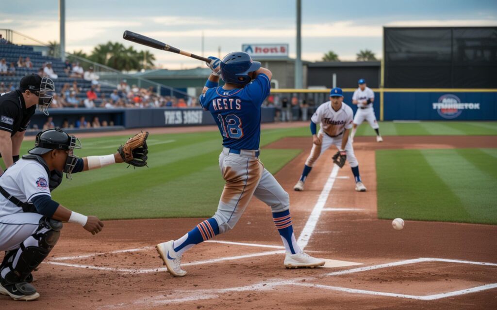 St. Lucie Mets players celebrating after defeating Tampa Tarpons 6-4 in a Minor League Baseball game.