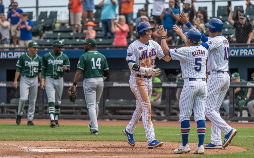 St. Lucie Mets team celebrates 9-5 victory against Daytona Tortugas at Clover Park.