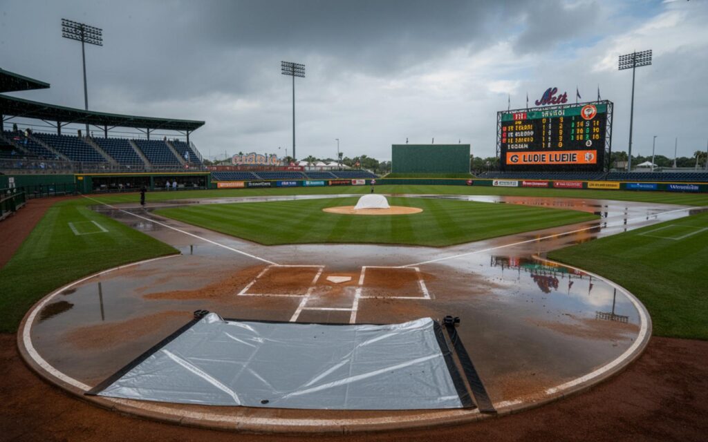 St. Lucie Mets Rain-Shortened Victory at Clover Park - Port St Lucie Talks St. Lucie Mets celebrating win over Lakeland Flying Tigers after rain-shortened game at Clover Park