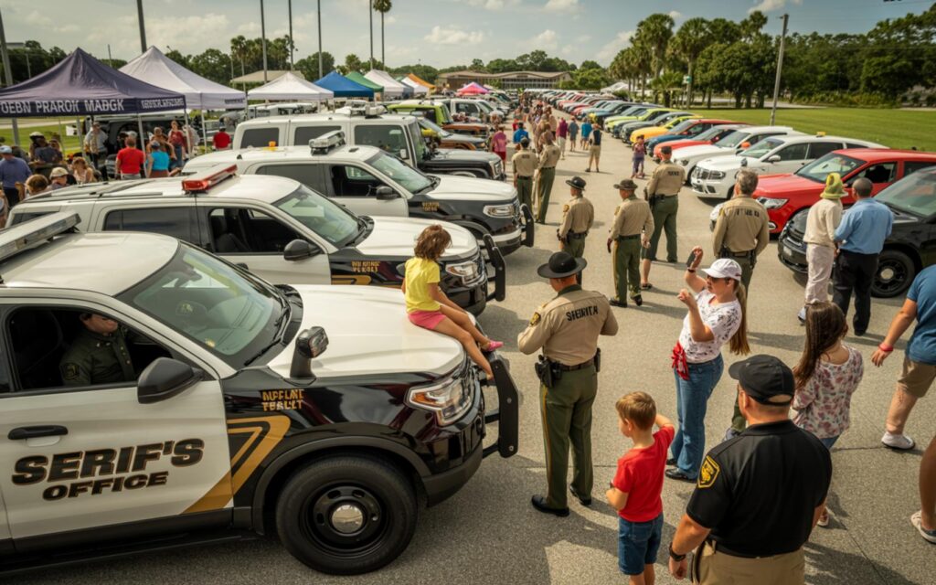 Families interact with St. Lucie deputies during National Night Out at Clover Park 2025