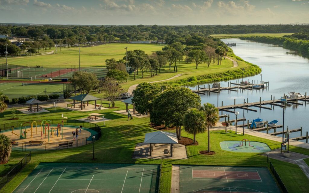 Children playing in a vibrant playground at a sunny Port St. Lucie park