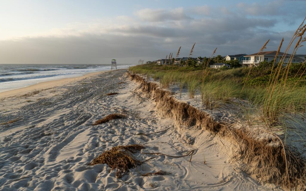 Eroded Treasure Coast beach with steep escarpments after Tropical Storm Imelda