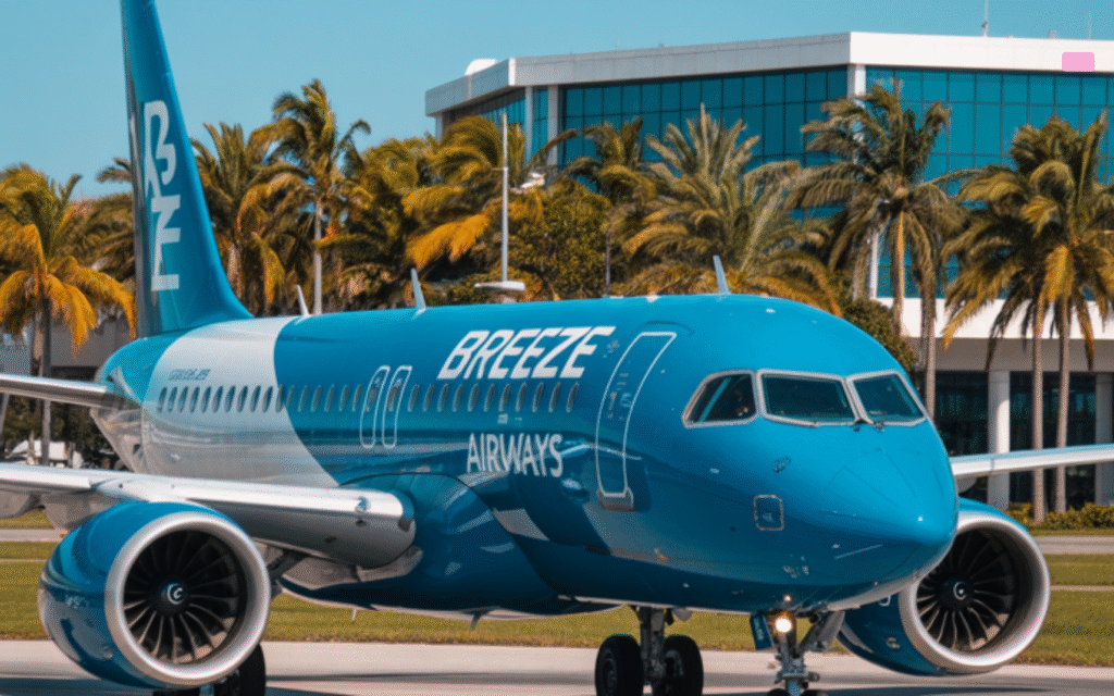 Breeze Airways plane at Palm Beach International Airport, showcasing new nonstop routes