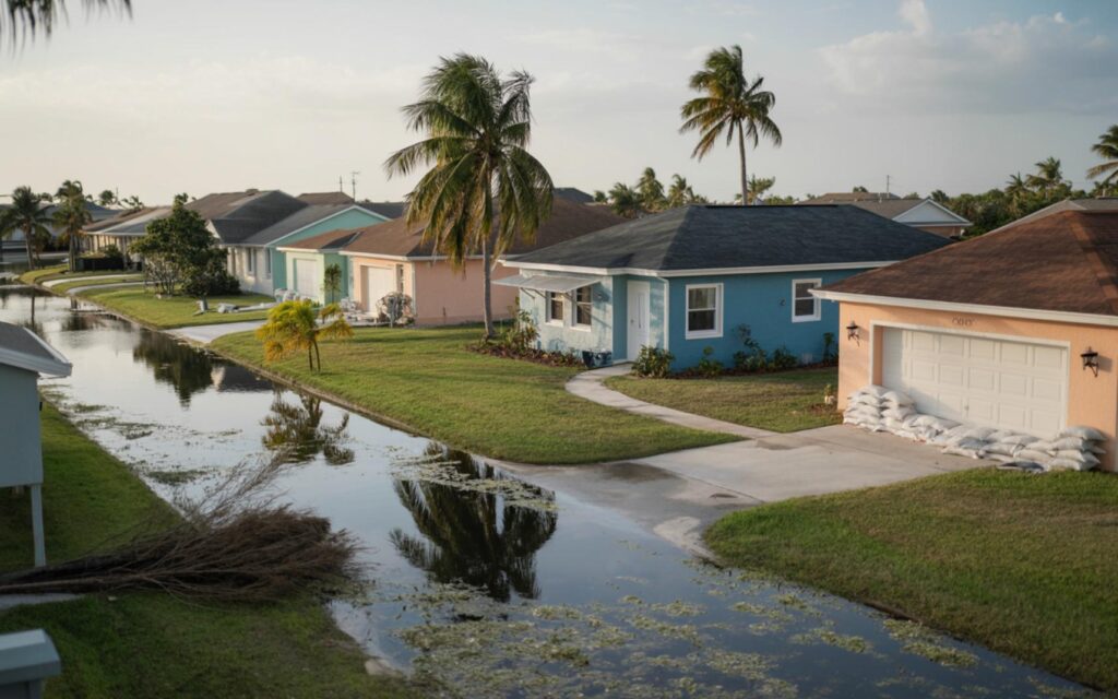 Aerial photo of Cape Coral-Fort Myers homes exposed to flooding and hurricane wind dangers.