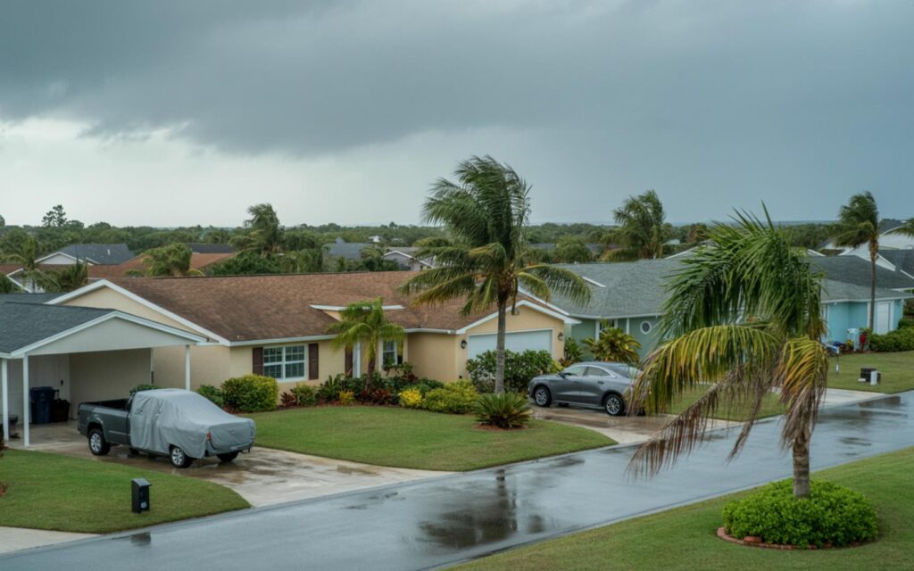 Citizens Insurance office sign with storm clouds approaching in Florida