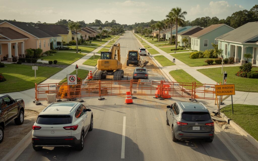 Floresta Drive closed with construction barriers in Port St. Lucie for roadway improvements.