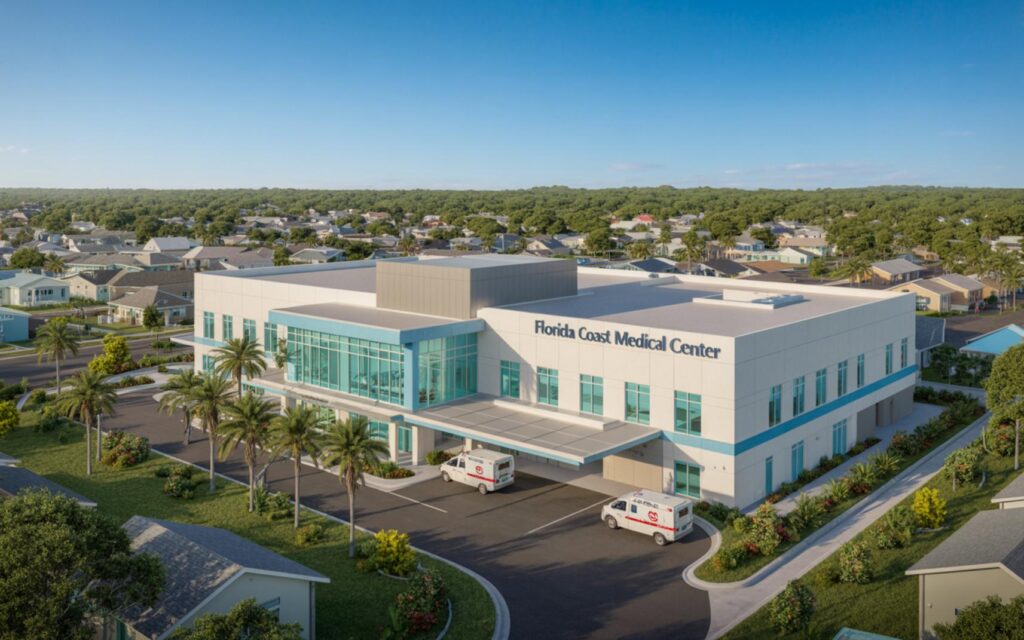 Exterior view of Florida Coast Medical Center in Port St. Lucie, featuring modern hospital design.