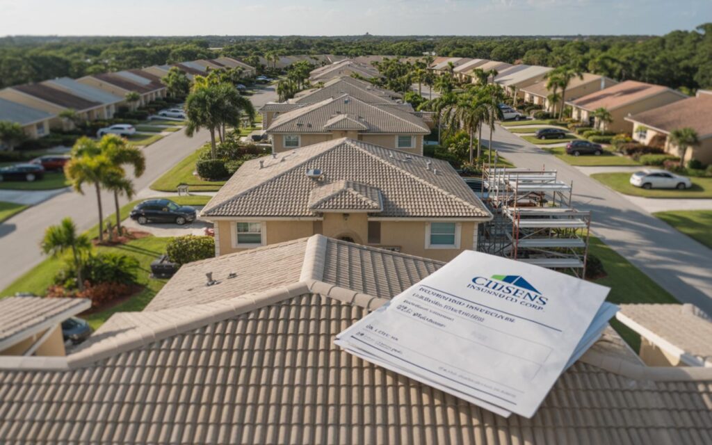 Florida condo building roof under inspection for insurance policy renewal and coverage.