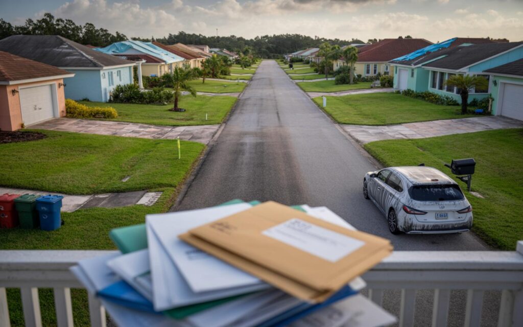 Florida homeowner looking concerned over denied insurance claim paperwork
