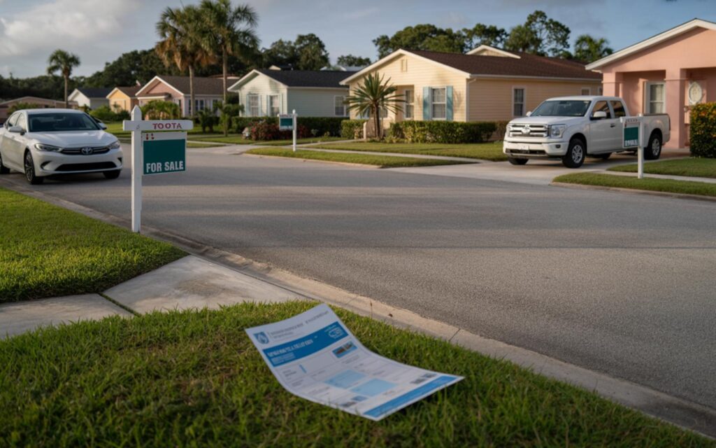 Florida homeowners review home insurance documents amid rising premiums and market uncertainty.
