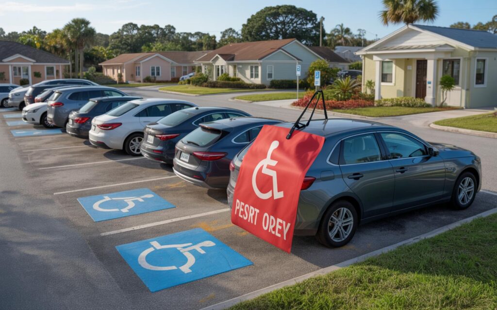 Florida red temporary disabled parking pass for pregnant and postpartum women hanging on a car mirror.