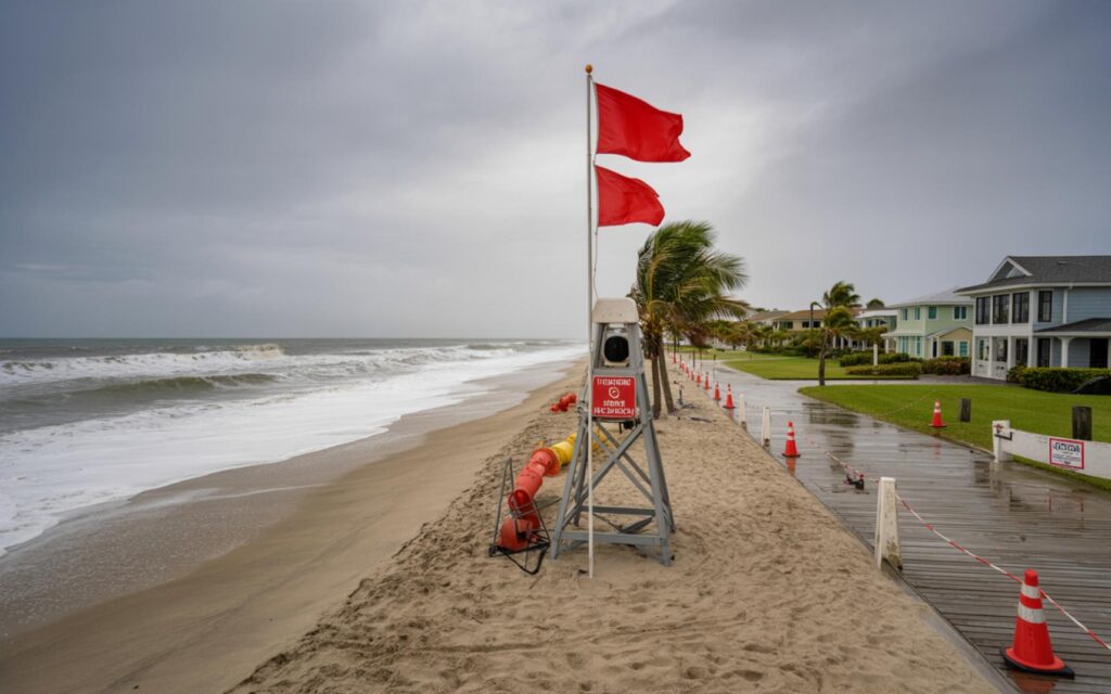 Double red flags on Martin County beach signal hazardous surf from Tropical Storm Imelda