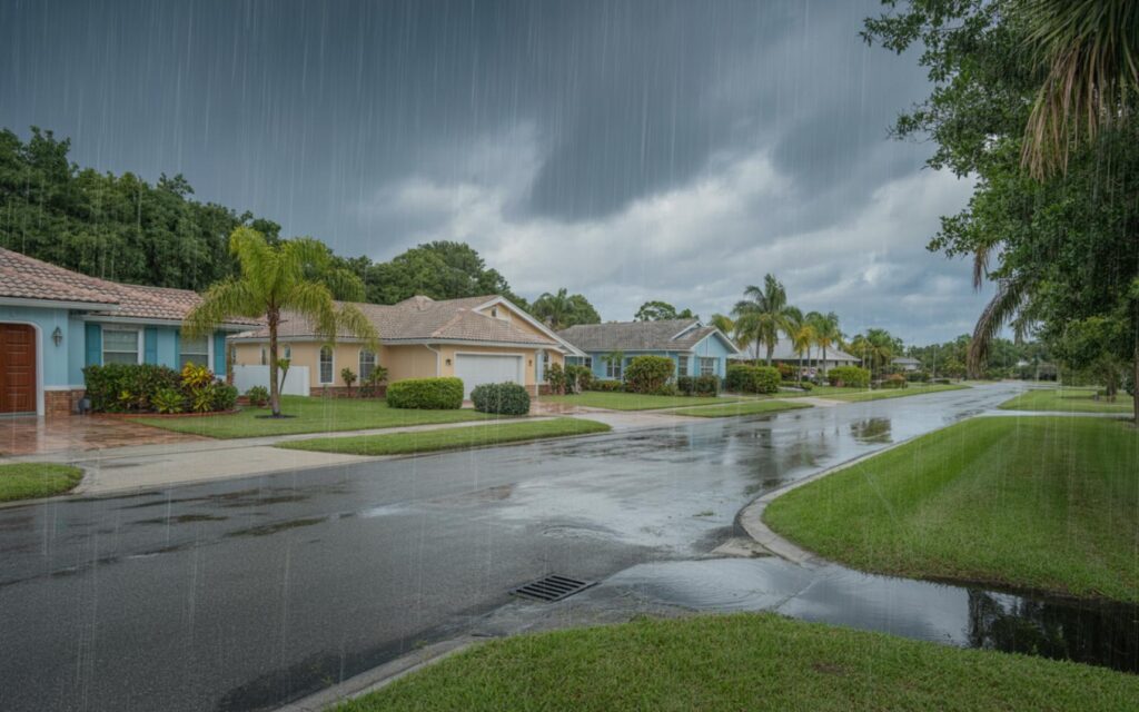 Heavy rain and dark clouds over Port St. Lucie indicating flood risk