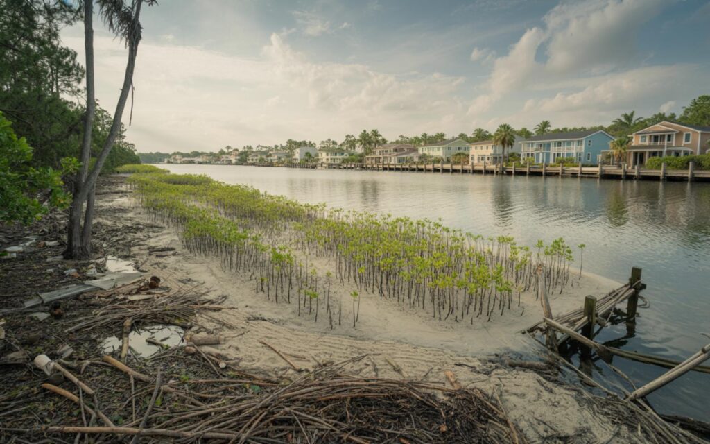 Replanted mangrove seedlings at Sandpiper Bay Resort following hurricane damage in Port St. Lucie.