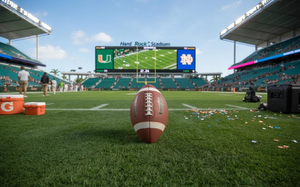 Miami Hurricanes Defeat Notre Dame with Late Field Goal - Port St Lucie Talks Miami Hurricanes football players celebrate after beating Notre Dame 27-24 with a late field goal at Hard Rock Stadium.