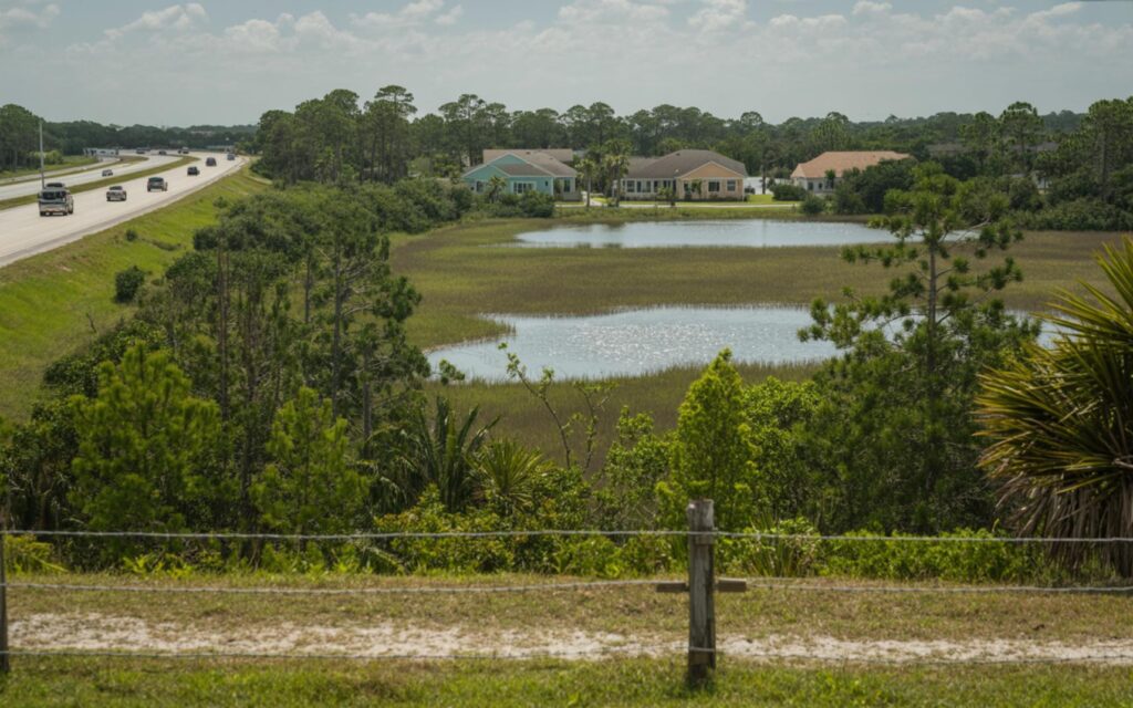 Aerial photo of 105-acre Port St. Lucie land bordered by I-95, showing lakes and wooded areas.