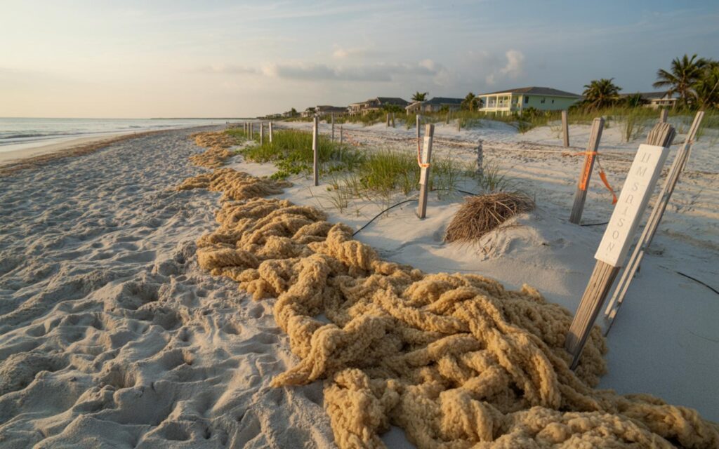 Florida sea turtle hatchlings crawling over sargassum seaweed on beach toward ocean