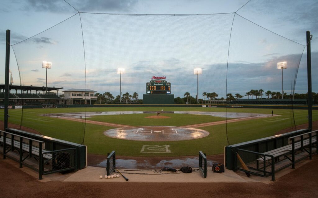 St. Lucie Mets facing Fort Myers Mighty Mussels at Hammond Stadium, rainy night game