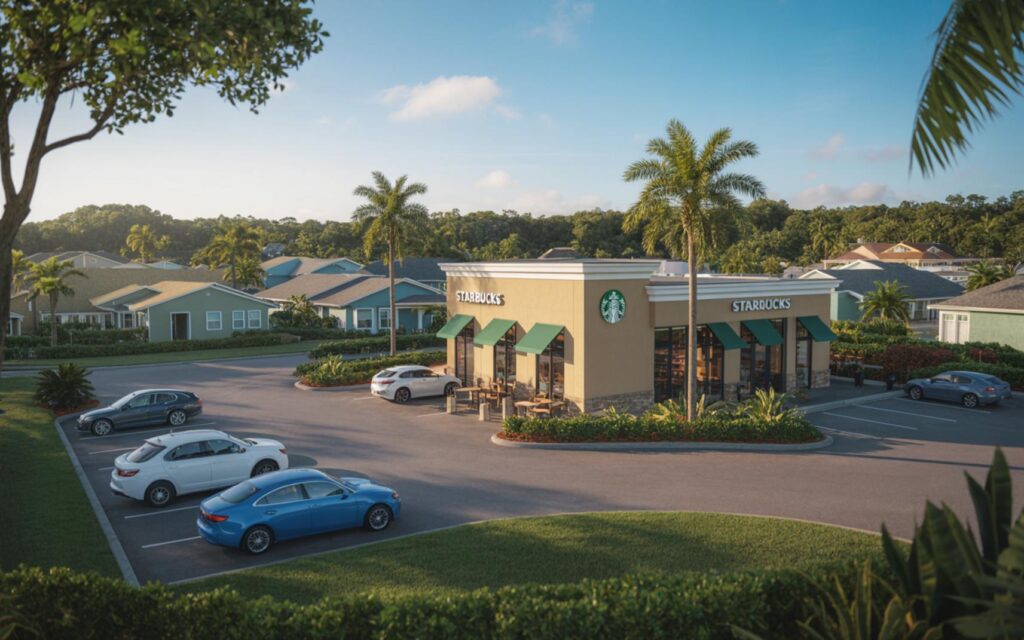 Starbucks coffee shop exterior in Florida with closure sign on entrance