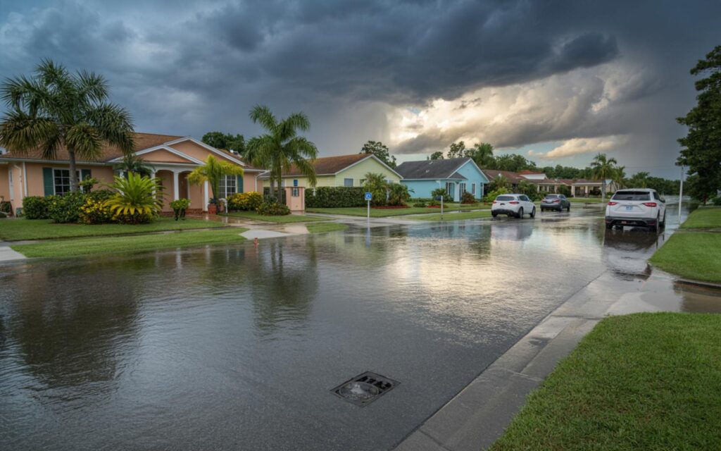 Heavy storms with flooding and lightning in Port St. Lucie neighborhood streets