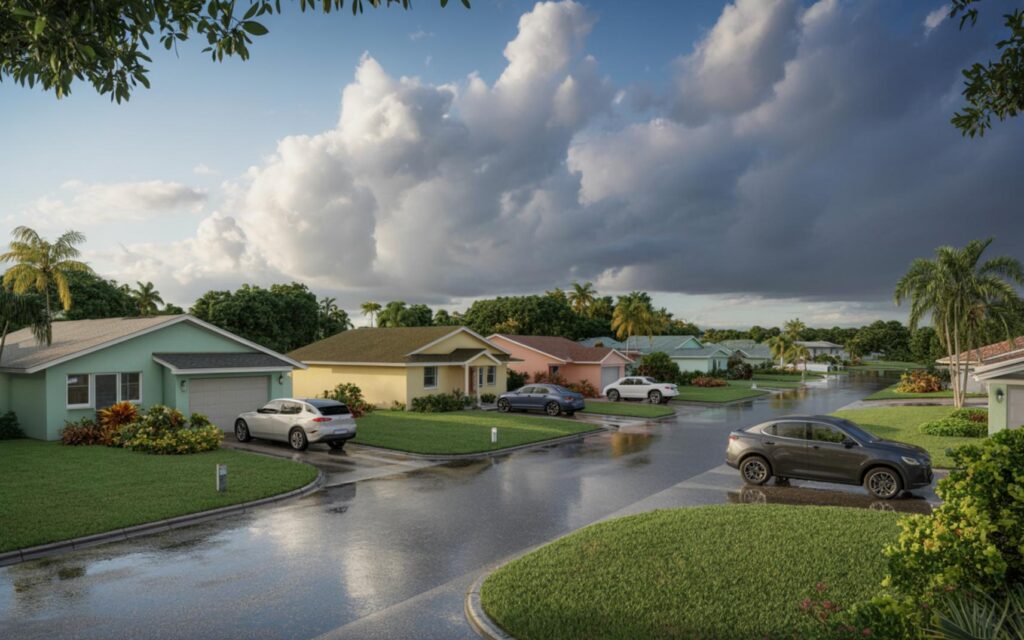 Port St. Lucie under sunny skies with dark storm clouds and heavy rain approaching.