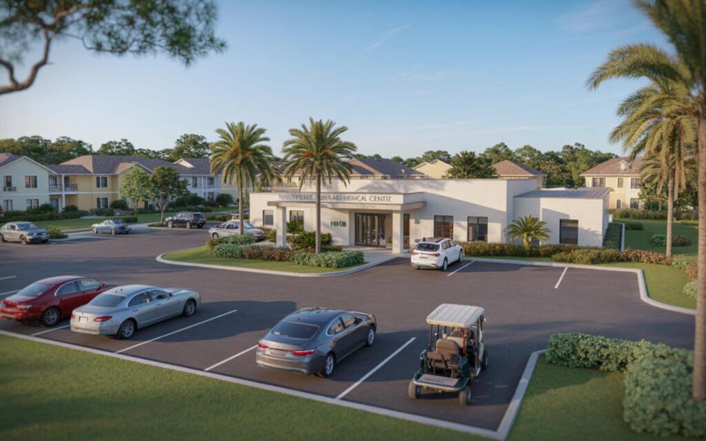 Judges and attorneys discussing The Villages Health bankruptcy case in Orlando courtroom