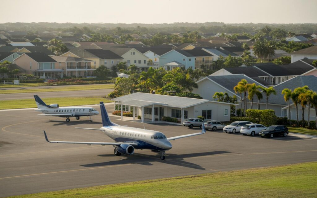 Vero Beach Regional Airport terminal with Breeze Airways and JetBlue signs for flights
