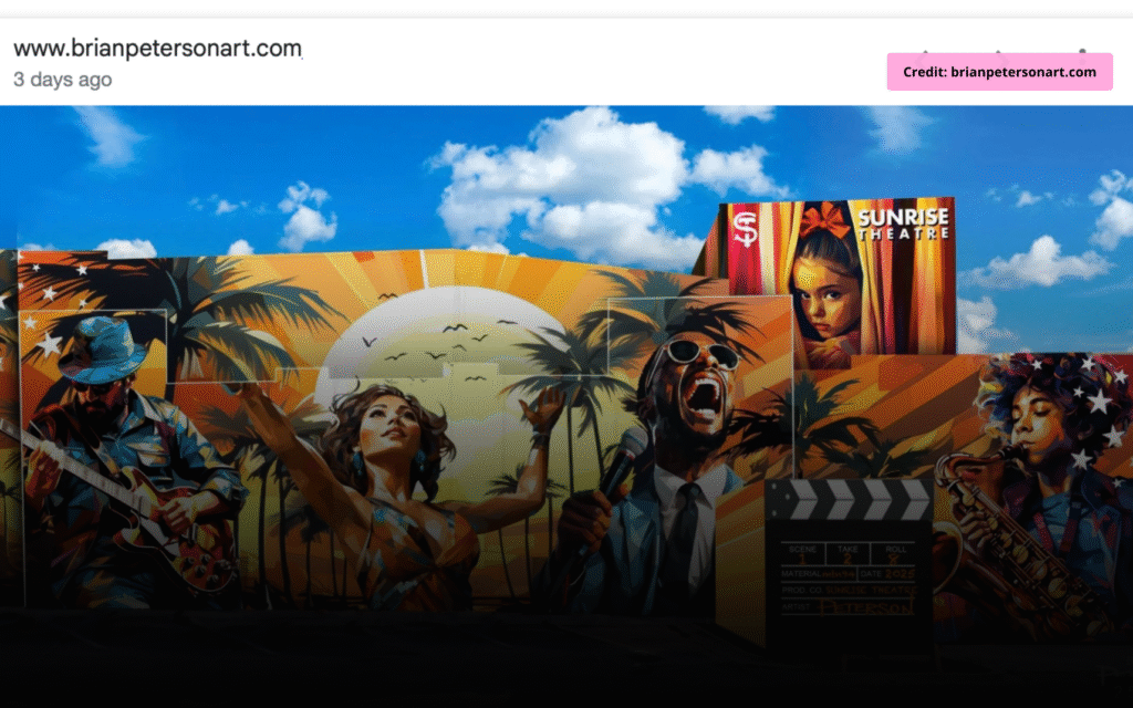 Colorful mural of dancers and musicians with a sunrise on Sunrise Theatre’s west wall in Fort Pierce