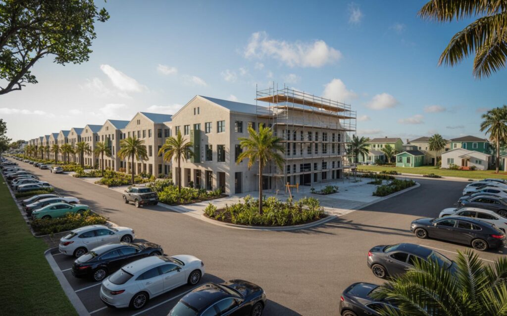 Caroline Station Redevelopment in West Palm Beach - Port St Lucie Talks Rendering of Caroline Station showing new shops, food hall, and community spaces in West Palm Beach