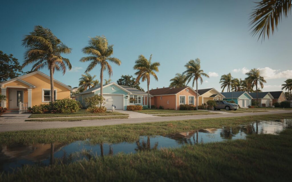 South Florida beaches with sunny skies, breezy winds, and beach warning flags for safety.
