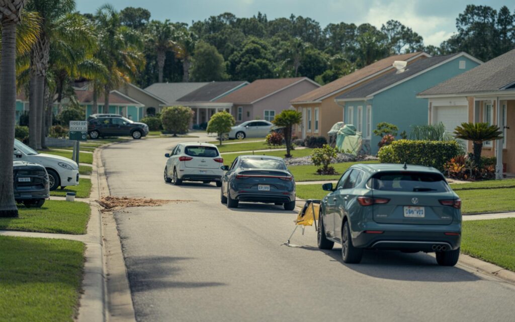 Florida homes and vehicles with insurance documents highlighting rising insurance rates