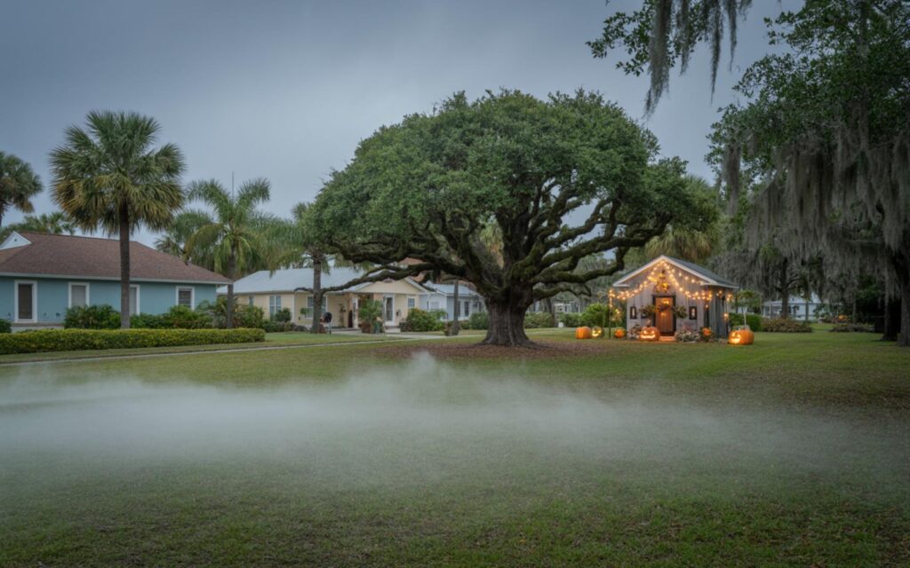 Historic haunted building in Treasure Coast with Halloween decorations at night