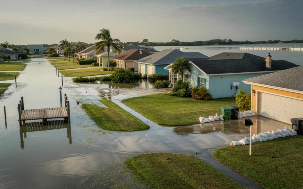 Flooded coastal street in West Palm Beach during king tide season on the Treasure Coast.