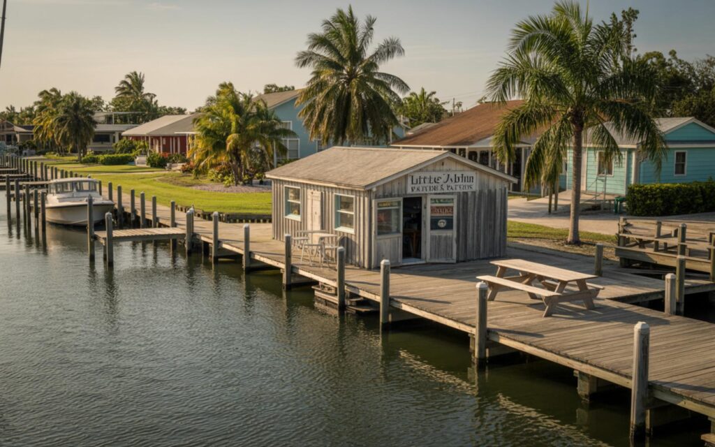 Exterior of Little Jim Bait & Tackle on Fort Pierce waterfront, historic bait shop and bar