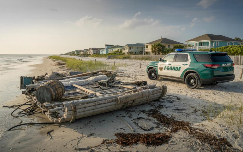 Makeshift Raft Ashore on Jupiter Island after Storm - Port St Lucie Talks Unoccupied makeshift raft stranded on Jupiter Island beach after stormy weather
