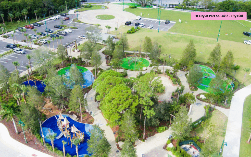 Pioneer Park & Port District boardwalk with visitors enjoying award-winning public space in Port St. Lucie, Florida