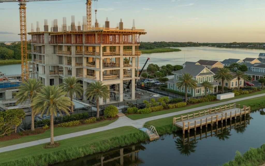 Rooftop dining venue at The Grove in Port St. Lucie with river and city views.