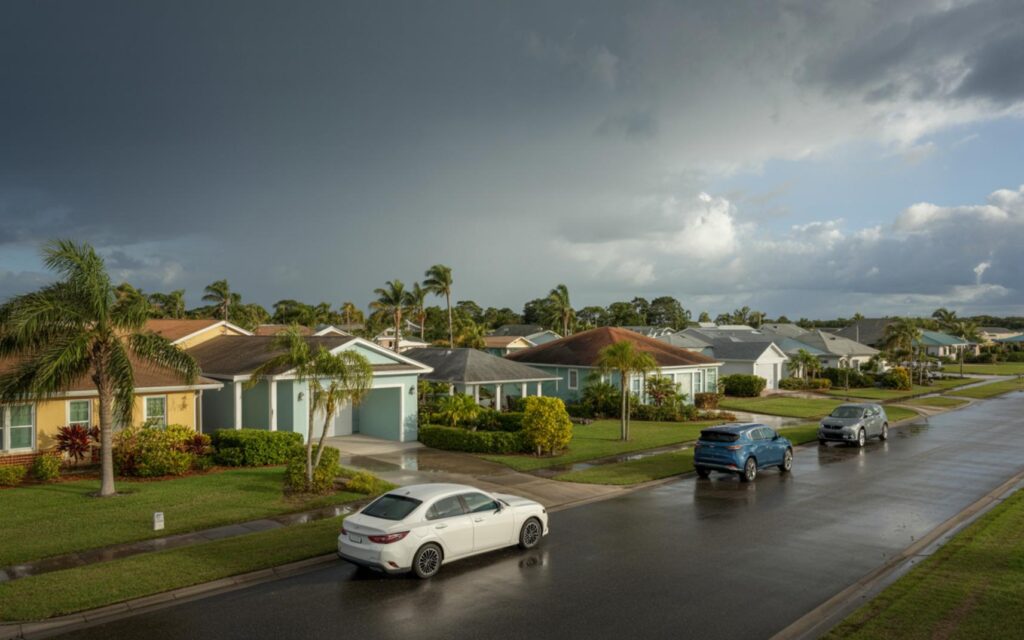 A map of South Florida showing scattered storms south of Alligator Alley and calm, dry weather north.