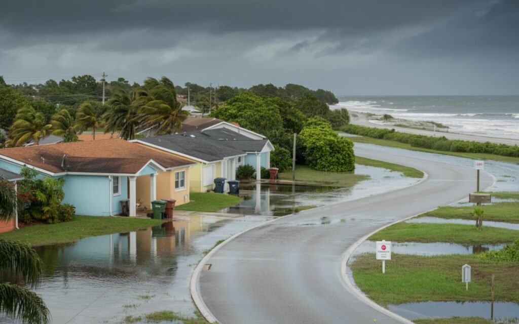 Flooded coastal street in St. Lucie County during a stormy afternoon