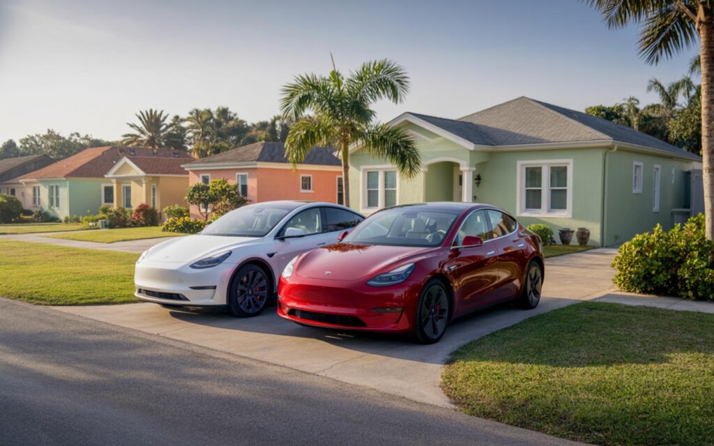 Tesla car with Florida map, promoting new Tesla Insurance launch