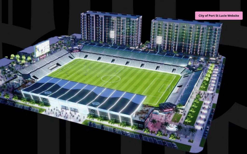 Illustration of Port St Lucie soccer stadium on Walton Road with fans and soccer field