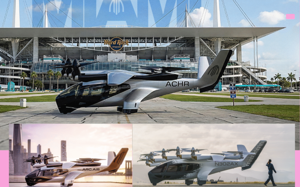 Archer Aviation Midnight eVTOL flying above Miami for electric air taxi service