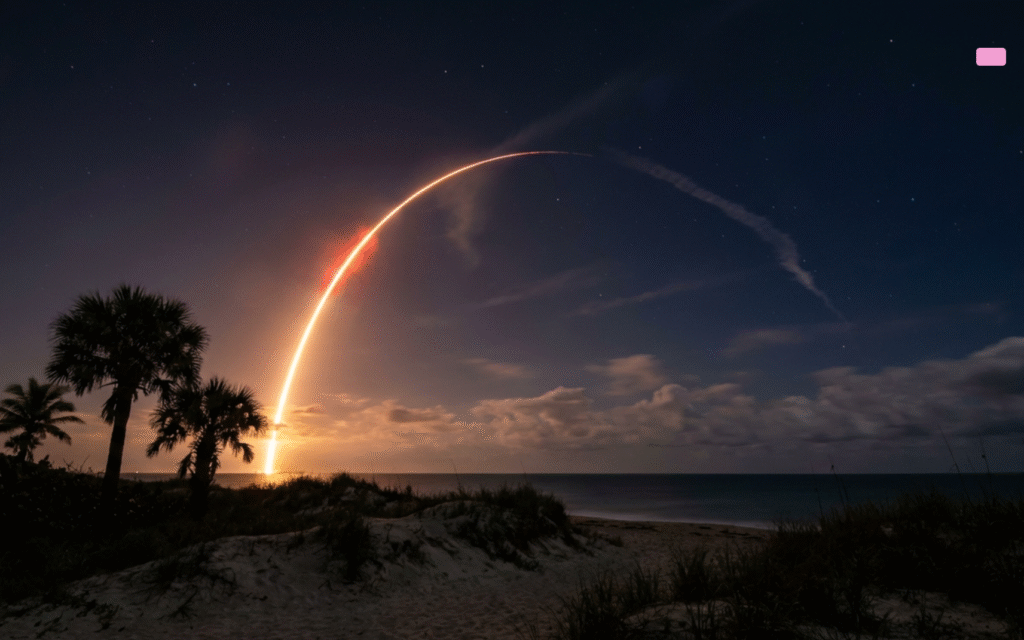 SpaceX Falcon 9 rocket launch visible over Florida Treasure Coast coastline at night