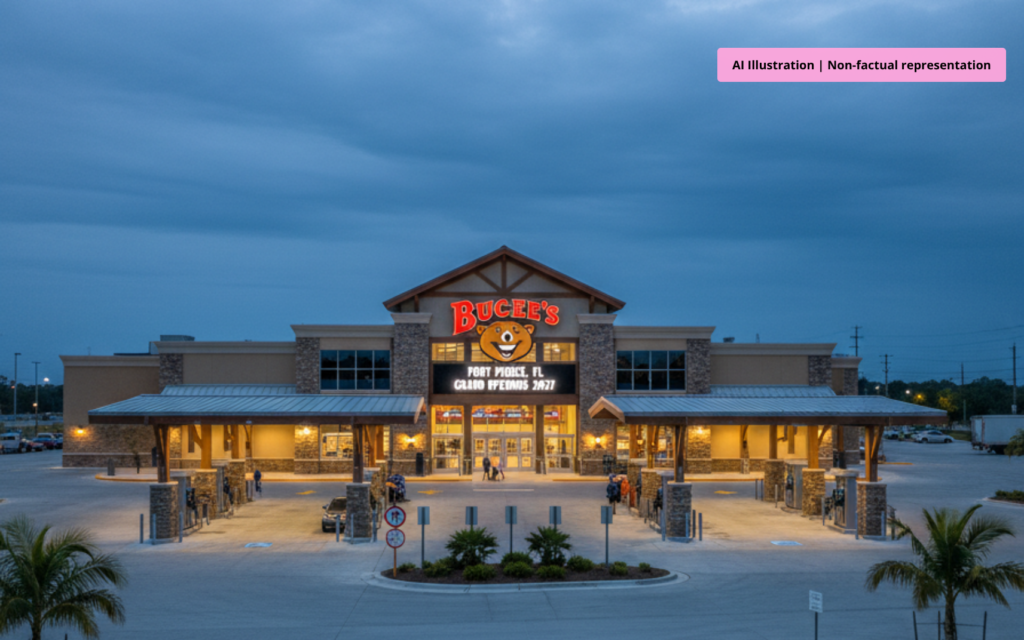 Rendering of Buc-ee’s Fort Pierce convenience store with pumps and parking near Interstate 95