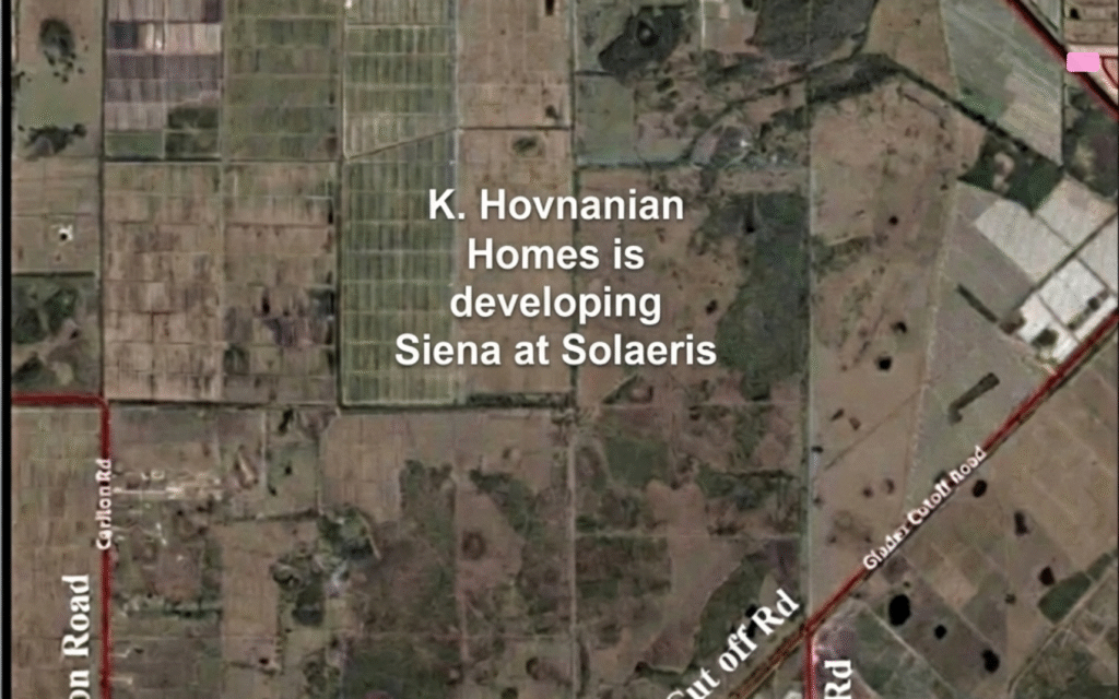 Rendering of Siena at Solaeris by K Hovnanian showing homes and resort style amenities for 55 plus in Port St Lucie