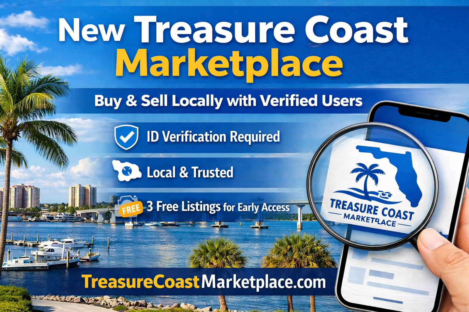 Treasure Coast Marketplace promotional image showing verified local buying and selling with ID verification and 3 free listings for early access