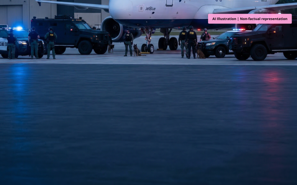 FBI agents and K9 unit inspecting JetBlue plane at Vero Beach Airport