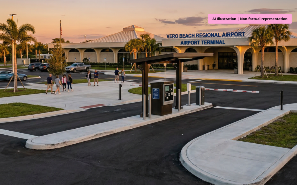 Aerial view of Vero Beach Regional Airport showing redesigned paid parking lots