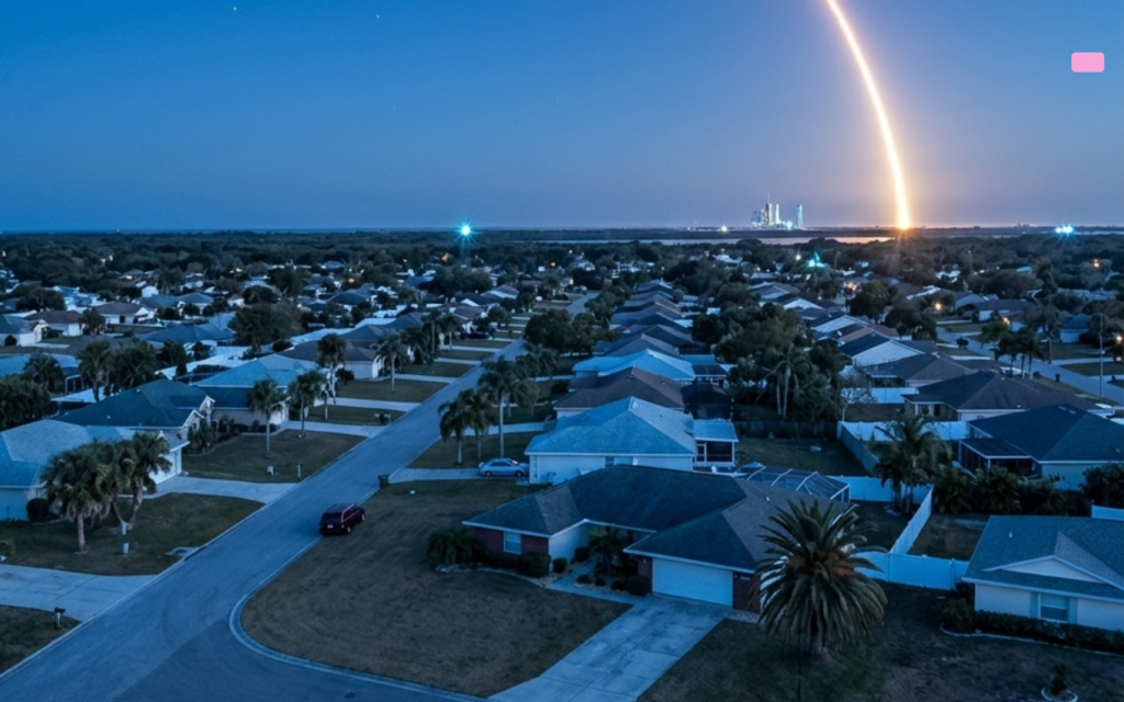 Artemis rocket launching to the moon seen from Port St Lucie sky at dusk